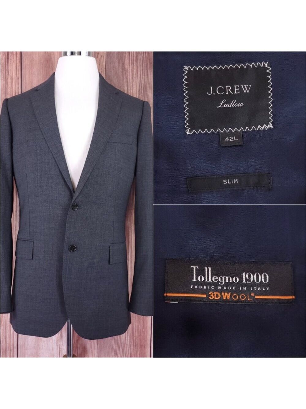 J. Crew Ludlow Slim Fit Charcoal Gray Wool Suit Jacket J3272 Tollengo 1900